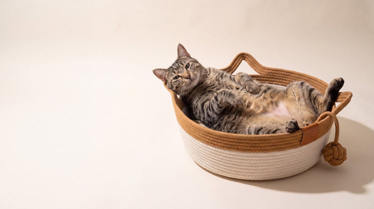 A tabby cat lying on its back in a woven rope basket from Beaumont.