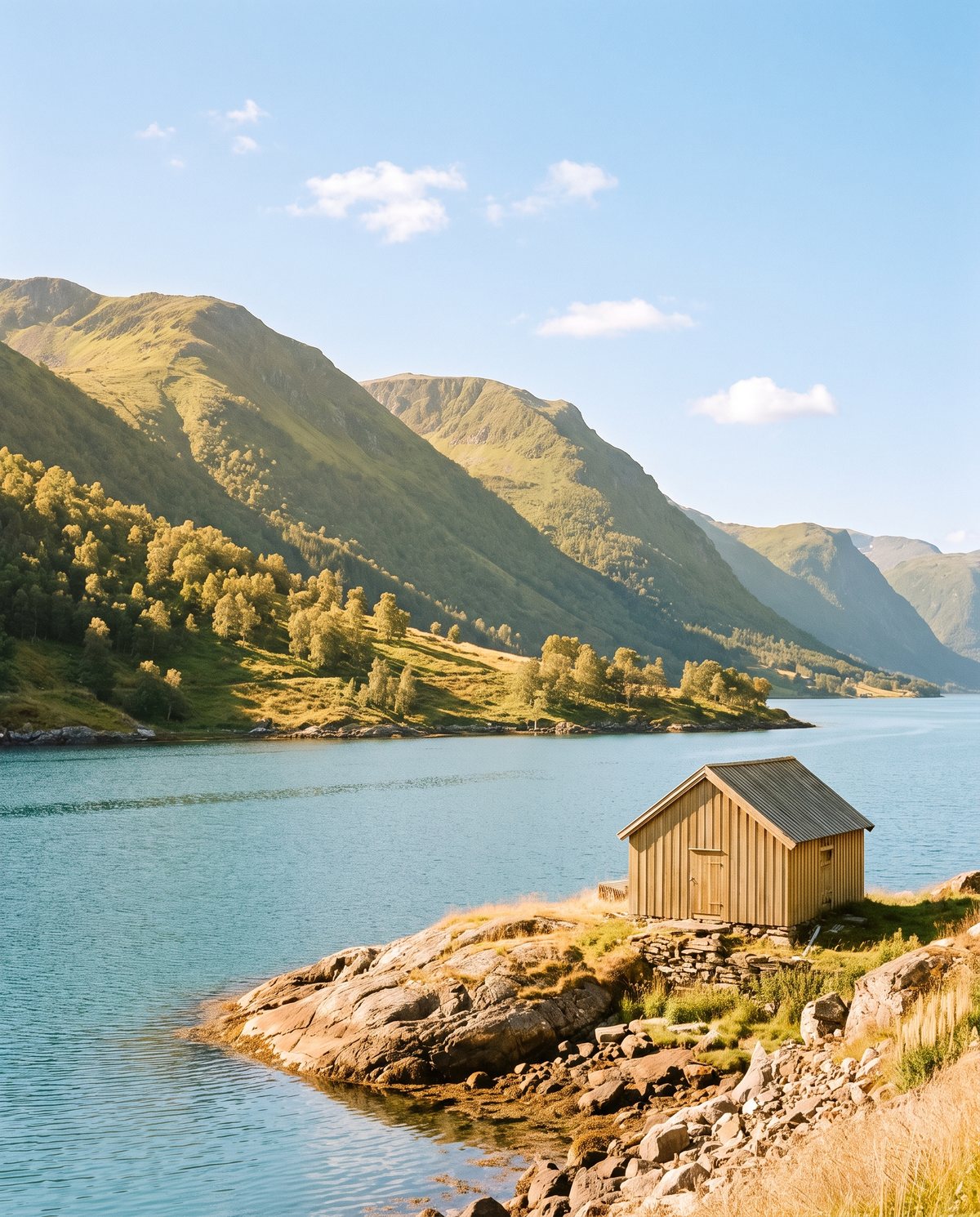 A Norwegian fjord on a clear summer morning, with a small timber boathouse on the rocks.